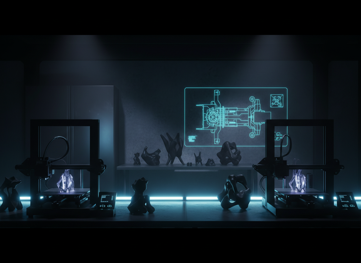 A high-contrast, dark-toned, professional 3D print studio background ideal for a hero image, ensuring white or light text remains readable.