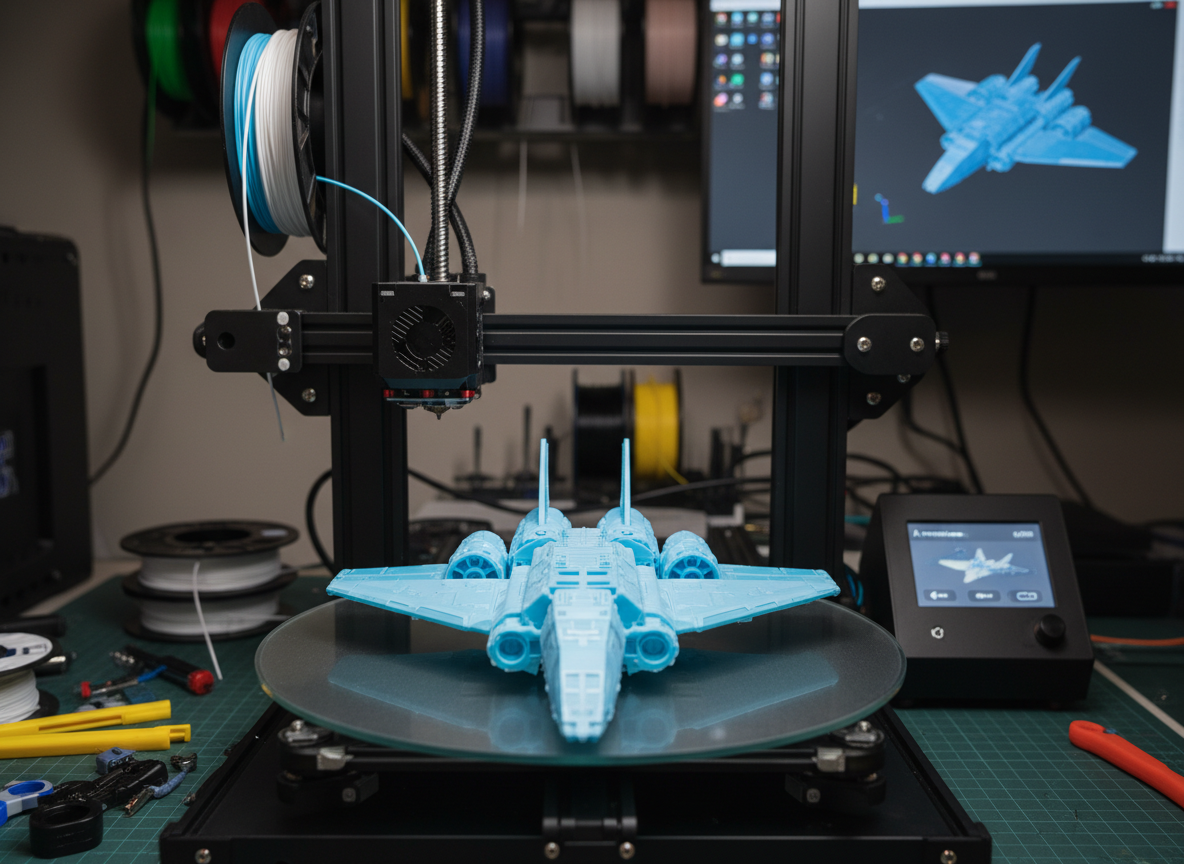 3D printer printing a shuttle craft, with the shuttle fitting neatly on the build plate