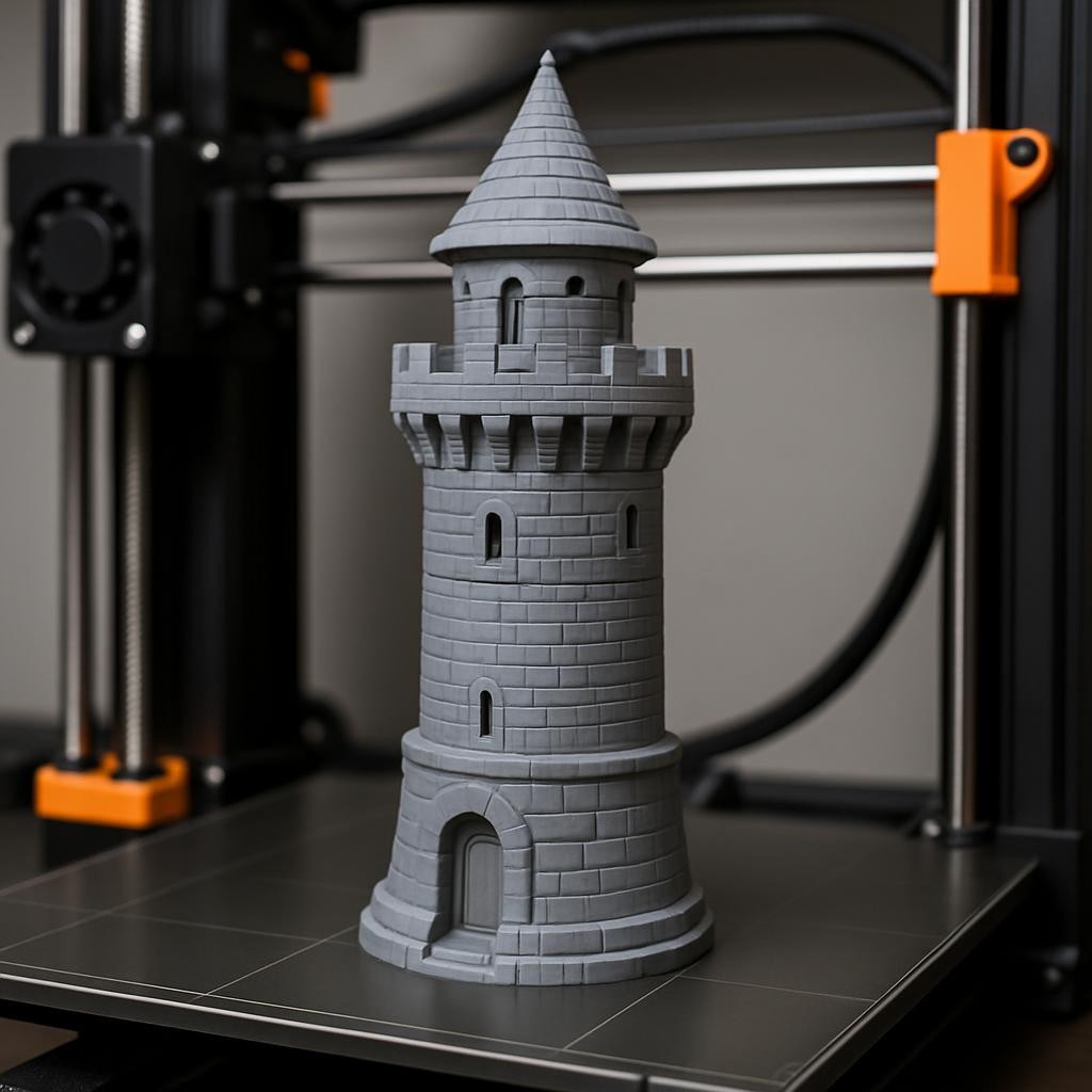 A gray 3D-printed tower (without any moss) sitting on the print bed of a 3D printer. The focus is on the clean, finished tower emerging from the printer, all elements sharp and clear.