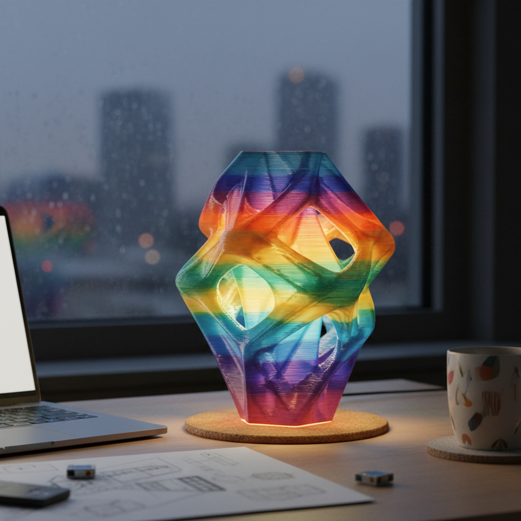 A closeup of a multi-color 3D printed lamp sitting on a desk